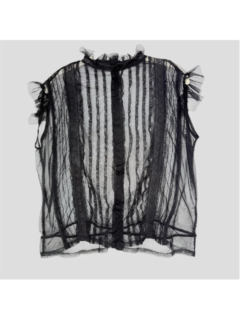Vintage Black Mesh Pin-Tuck Lace Blouse M Back Ruffle Neck Whimsigoth Fairy Goth - Picture 1 of 16